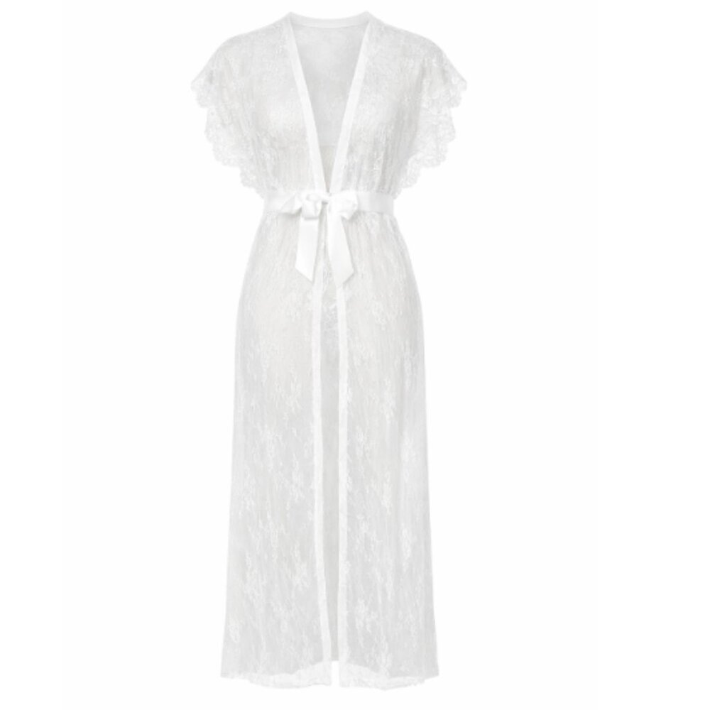 NEW Dreamgirl Lace Bridal Robe Long Sheer Tie Front White Small